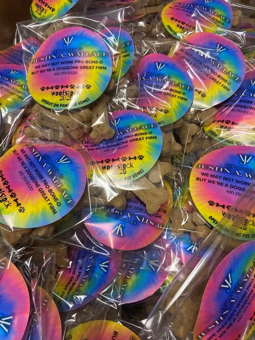 Close-up of many individually wrapped dog biscuits with circular, tie-dye rainbow 'JUSTIN A. WALLACE' stickers.